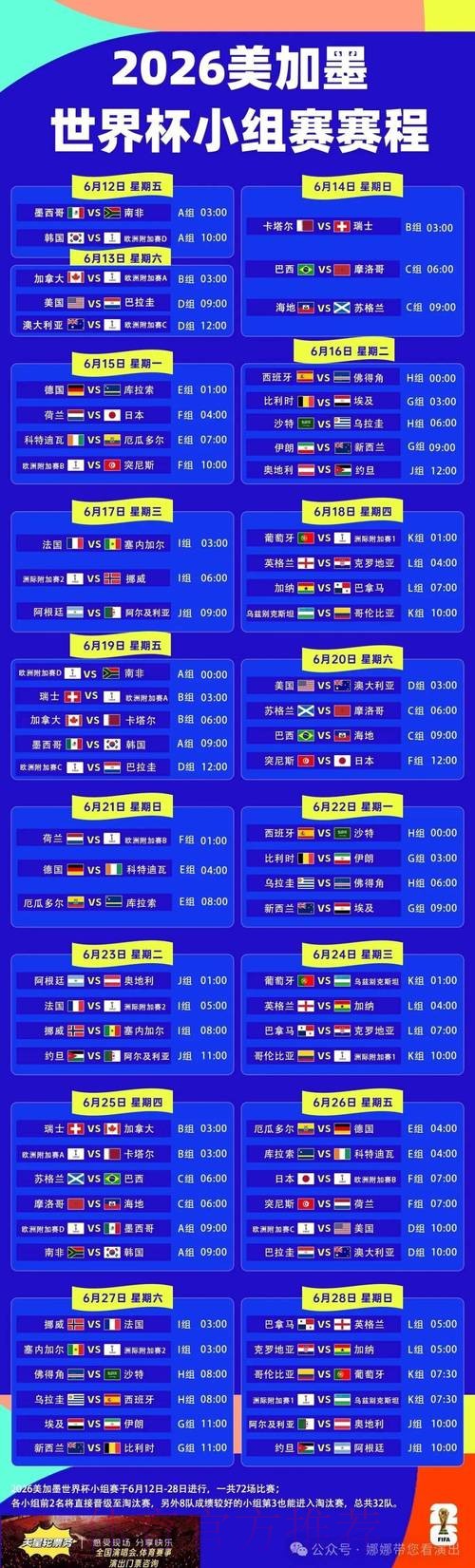 2026世界杯每日赛程今日比赛时间表免费观看